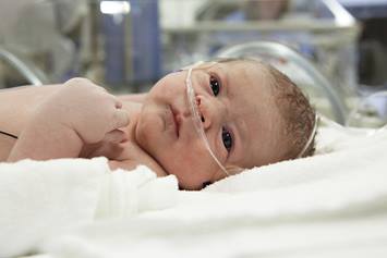 Newborn baby lies in an incubator in the neonatal intensive care unit with a nasal cannula providing oxygen.