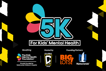 5K for Kids Mental Health logo on a dark black background, paired with logos for Columbus Crew, Big Lots and Nationwide